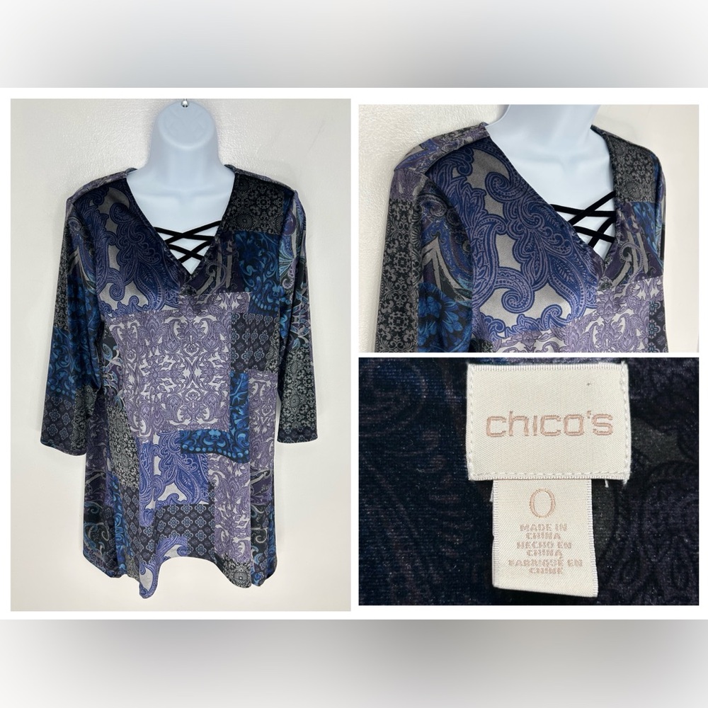 Chicos Velvet Criss Cross Patchwork Tunic Top Size 0 XS Fairy Whimsy Goth